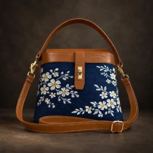 Bloom floral embroidered denim and leather tote bag for women