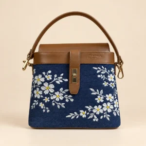Bloom floral embroidered denim and leather tote bag for women