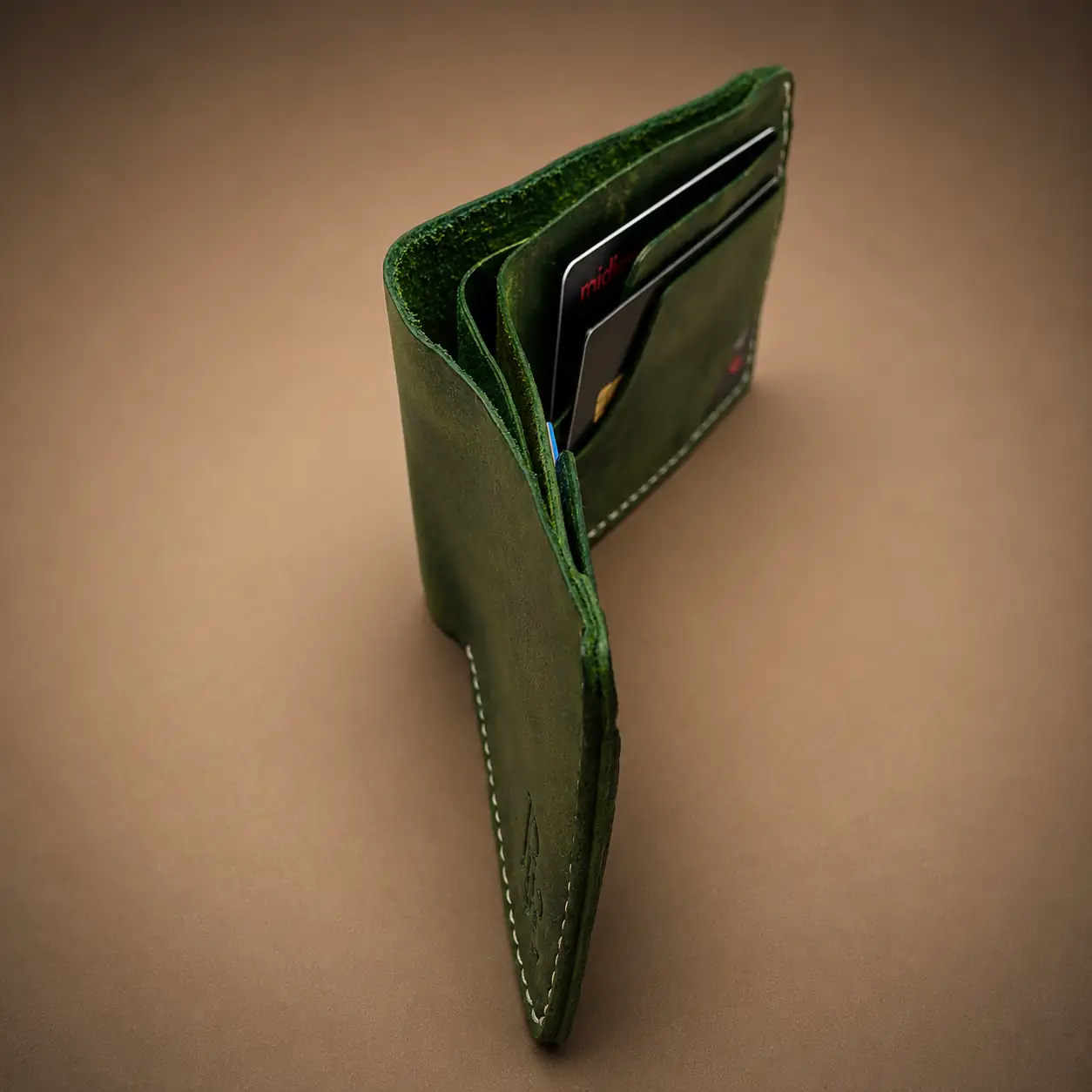 POKO olive green handmade full grain Crazy Horse leather wallet