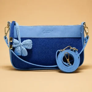 IRIS premium blue denim and leather shoulder bag with crochet charm